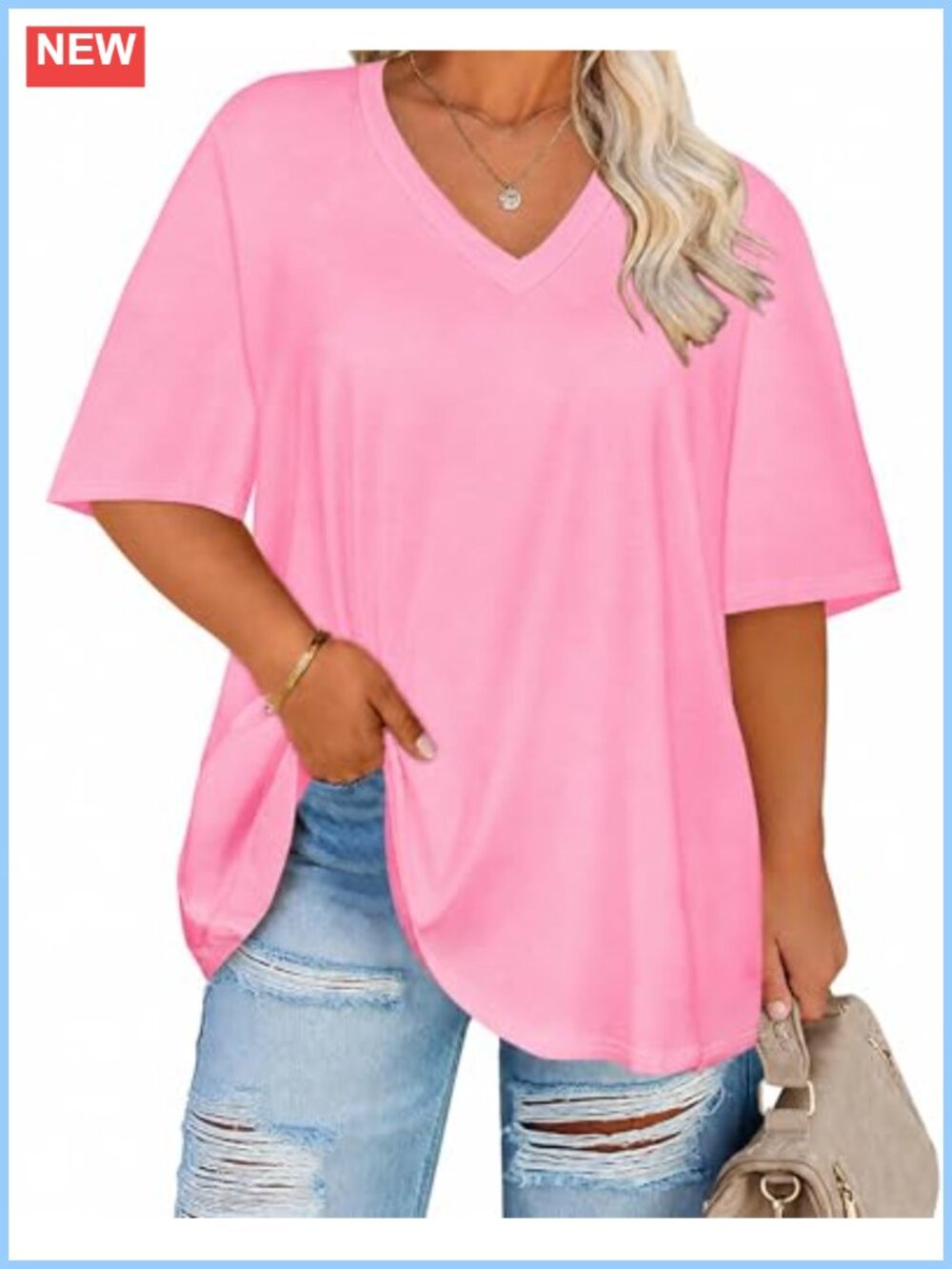 Plus Size V-Neck Oversized T-Shirt Short Sleeve Relaxed Fit Soft Blouse